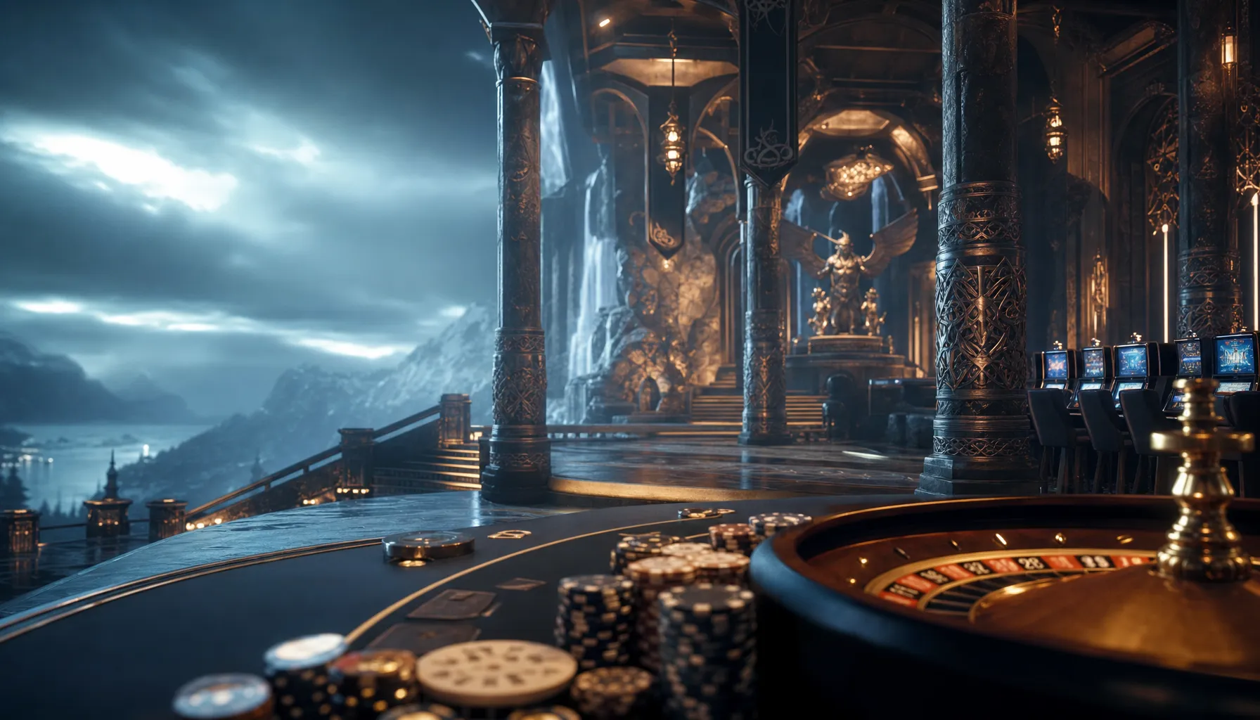 Cinematic casino hero banner with Norse mythology theme, golden lightning, dramatic dark atmosphere and premium casino elemen