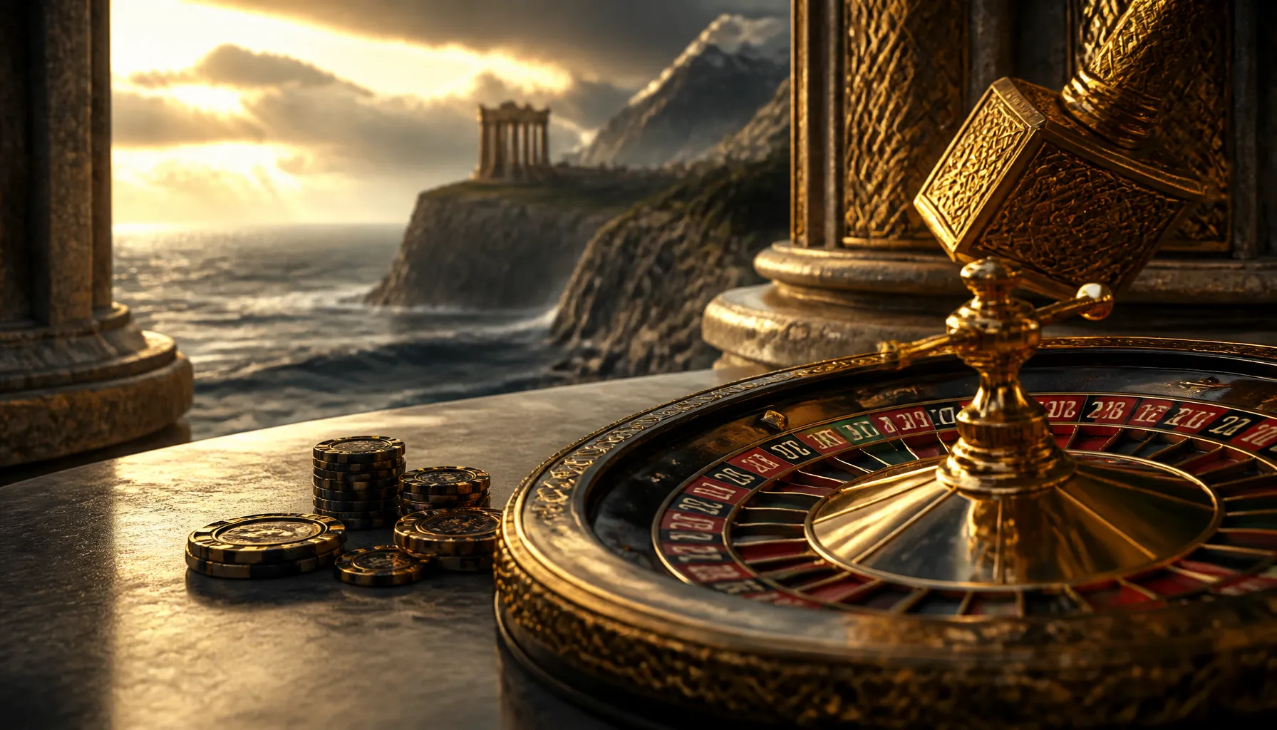 Dramatic cinematic photo of golden casino chips struck by electric blue lightning bolts on a dark storm-cloud textured surfac